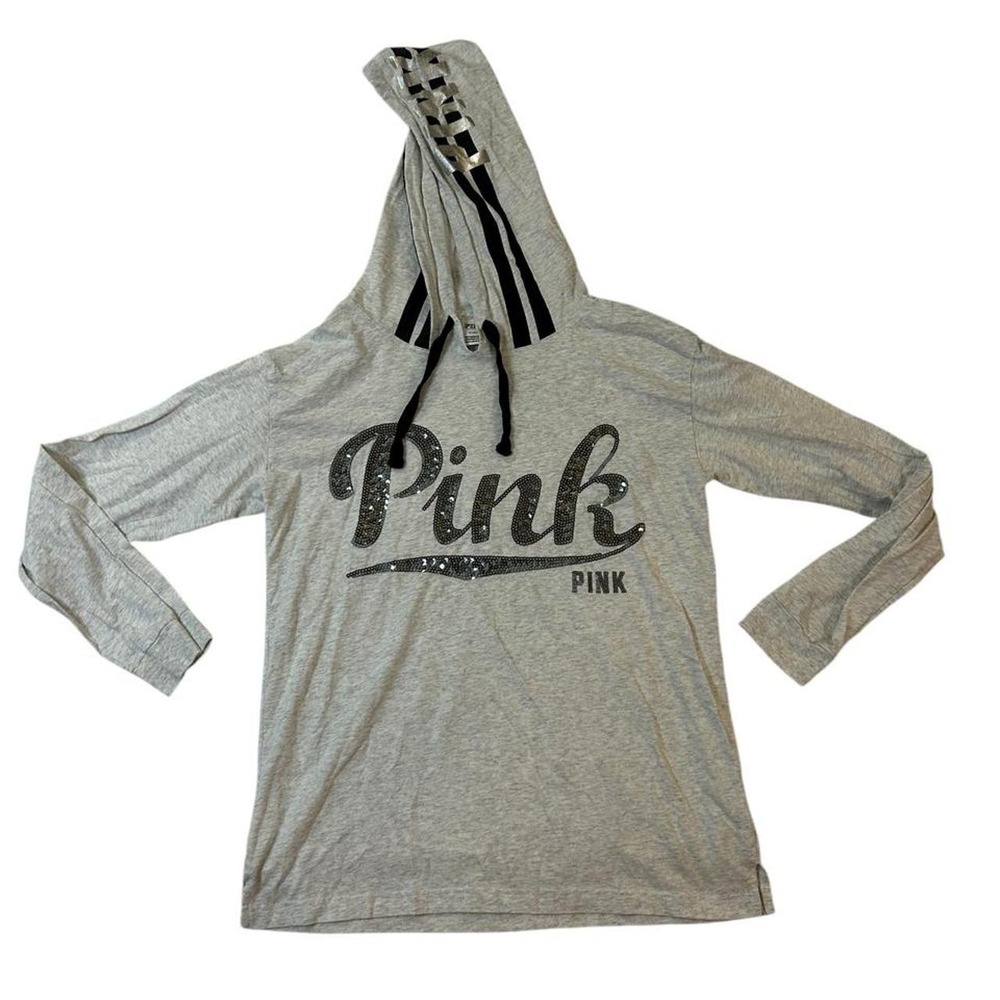 Hooded Tee PINK Y2K McBling Glitter Long Sleeve Gray Pullover Women's Medium